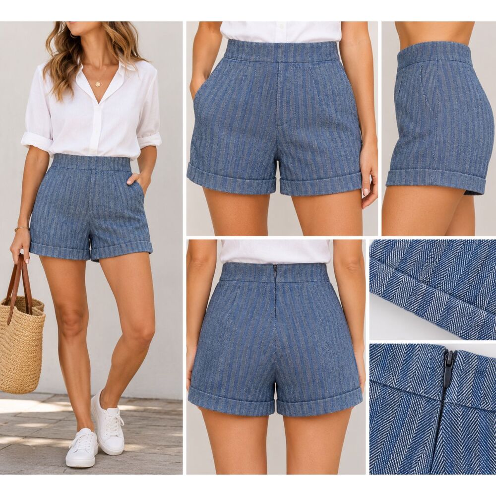Denim Blue Herringbone Cuffed Shorts High Waist Flat Front Womens Small 6
